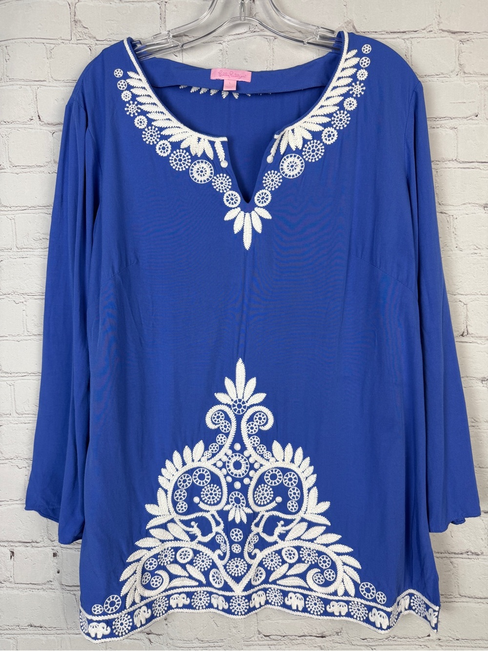 LILLY PULITZER Charlotte blue embroidered split-neck flowy tunic top, size L - Picture 1 of 12